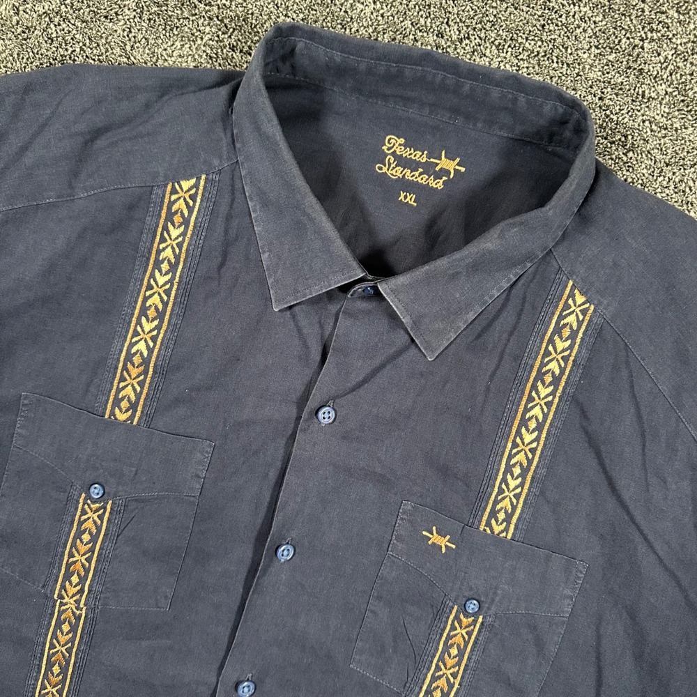 Texas Standard Guayabera Shirt Mens XXL Navy Embroidered Linen Short Slv Western